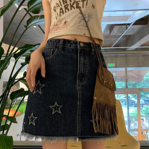 Star Embroidery American Vintage Denim Short Skirt Summer Women's High Waist Spice Girl Half Skirt Bag Hip Skirt