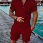 Men's Summer Fashion 3D Printed Short Sleeve Geometric Zip Lapel Shirt Set