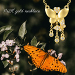 14k Solid Yellow Gold Textured Two Butterfly Pendant with Moissanite Necklace 