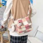 Japanese College Style Vintage Style Soft Girl Contrast Color Lamb Wool Check Pattern Shoulder Bag Cute Cat Student Small Bags