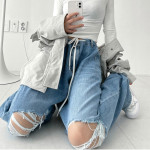 Women's Hip Hop Irregular Ripped High Waist Tie Loose Pants