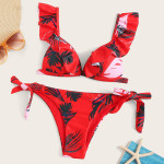 Ladies Split Solid Color Ruffled V-Neck Sexy Bikini Swimsuit