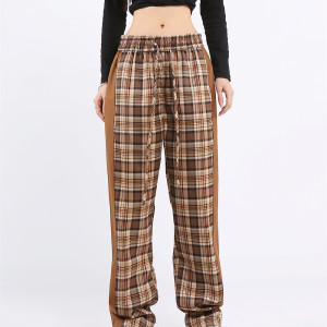 Contrast Elastic Waist Straight Panel Plaid Casual Pants