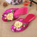 New Women's Handmade Sequin Silk Satin Cloth Slippers Flat Heel Personality Fashion Handmade Embroidery Slippers