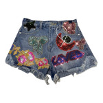 Letter Heavy Embroidered Raw Trim Denim Three-point Shorts