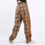 Contrast Elastic Waist Straight Panel Plaid Casual Pants