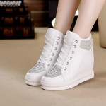 Womens Sneakers Shoes High Top Wedge Platform Heels Rhinestone