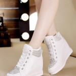 Womens Sneakers Shoes High Top Wedge Platform Heels Rhinestone