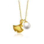 3D Hard Pure Gold 999 Pure Gold Ginkgo Leaf Pearl Necklace For Women