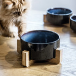 Starry Sky Ceramic Cat Bowl Protects Cervical Spine Wooden Frame Double Bowl