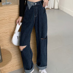 Ladies Ripped High Waist Straight Loose Wide Leg Pants