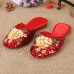 New Women's Handmade Sequin Silk Satin Cloth Slippers Flat Heel Personality Fashion Handmade Embroidery Slippers