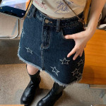 Star Embroidery American Vintage Denim Short Skirt Summer Women's High Waist Spice Girl Half Skirt Bag Hip Skirt