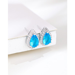 S925 Sterling Silver Water Drop Sea Blue Zirconium Stud Earrings Simple