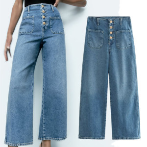 European Style High-waisted Baggy Wide-leg Capri Jeans