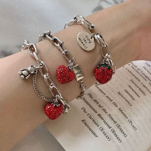 Fashion Strawberry Crystal Bear English Tag Bracelet