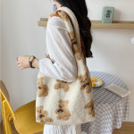 Cute Bear Print Bags Winter Lamb Shoulder Bag Women Shopping Handbags