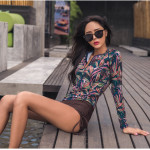 Printed High Waist Split Women's Swimsuit With Long Sleeves