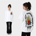 Loose Round Neck Flame Rose Print Plus Fleece Thickened Hoodie