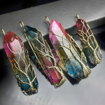 Colorful Electroplating Rough Stone Crystal Column Tree Of Life Pendant