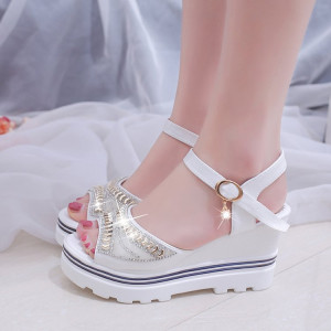 Summer New Solid Color Women's Sandals Wedge Rhinestone Waterproof