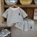 Little Bear Striped Round Neck Short Sleeve Shorts