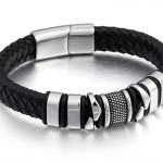 Black Leather Woven Men's Versatile Titanium Steel Leather Bracelet