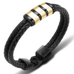 Black Leather Braided Stainless Steel Bead Bracelet