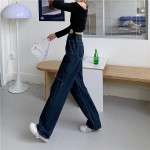 Ladies Ripped High Waist Straight Loose Wide Leg Pants