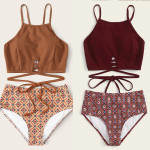 Women In High Waisted Brown Split Swimsuit