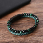 Men's Personality Stainless Steel Leather Bracelet Green Beads Braided Bracelet