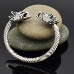 Asgard Crafted Handcrafted Stainless Steel Large Grey Wolf Head Torc Bracelet