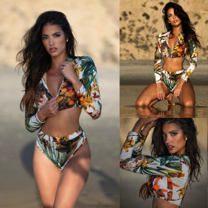 Deep V Neck Zip Long Sleeve High Waist Floral Split Bikini Swimsuit