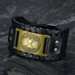 Asgard Crafted Leather Buckle Arm Cuff With Metal Celtic Tree Of Life Design