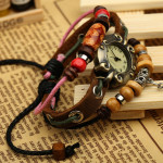 Alloy Pendant Beaded Leather Bracelet Watch