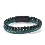 Men's Personality Stainless Steel Leather Bracelet Green Beads Braided Bracelet