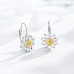 Daisy Leverback Hoop Earrings in White Gold Plated Sterling Silver 