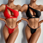 Ladies Solid Color Bandage Split Swimsuit Bikini