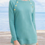 Women's New Metal Button Round Neck Plain Casual Long-sleeved Sweater