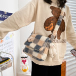 Japanese College Style Vintage Style Soft Girl Contrast Color Lamb Wool Check Pattern Shoulder Bag Cute Cat Student Small Bags