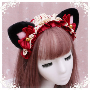 A lovely japanese Lolita hairdress, Catwoman Plush Lolita headdress, lace cat ear hair band