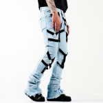 Stacked Wash Patchwork Rope Edging Stitching Raw Edge Flared Cargo Jeans