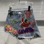 Letter Heavy Embroidered Raw Trim Denim Three-point Shorts