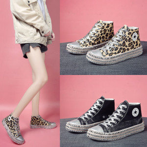 Women's leopard print high-top canvas shoes