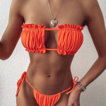 Triangle Pleated Drawstring Color Bikini Hollow Swimsuit Women Swimsuit