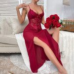 Chiffon Deep V Lace Pajamas Side Slit Suspender Skirt Extended Home Wear Nightdress