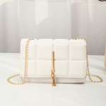 Plaid Embossed Small Square Bag Solid Color Tassel Big Chain Mobile Phone Bag