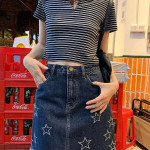 Star Embroidery American Vintage Denim Short Skirt Summer Women's High Waist Spice Girl Half Skirt Bag Hip Skirt