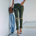 Women's New Dark Green Raw Design Ripped Jeans