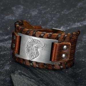 Asgard Crafted Leather Buckle Arm Cuff With Fenrir Design